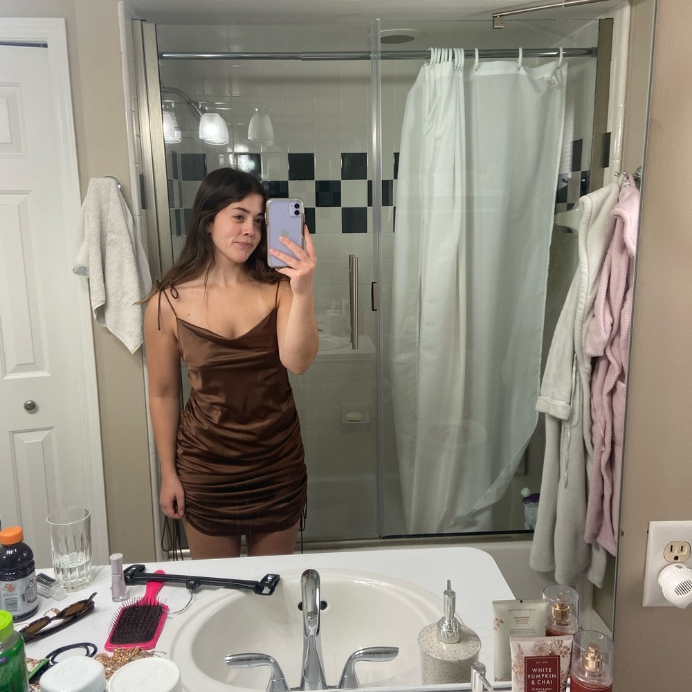 Miss Lola Brown satin ruched-side dress